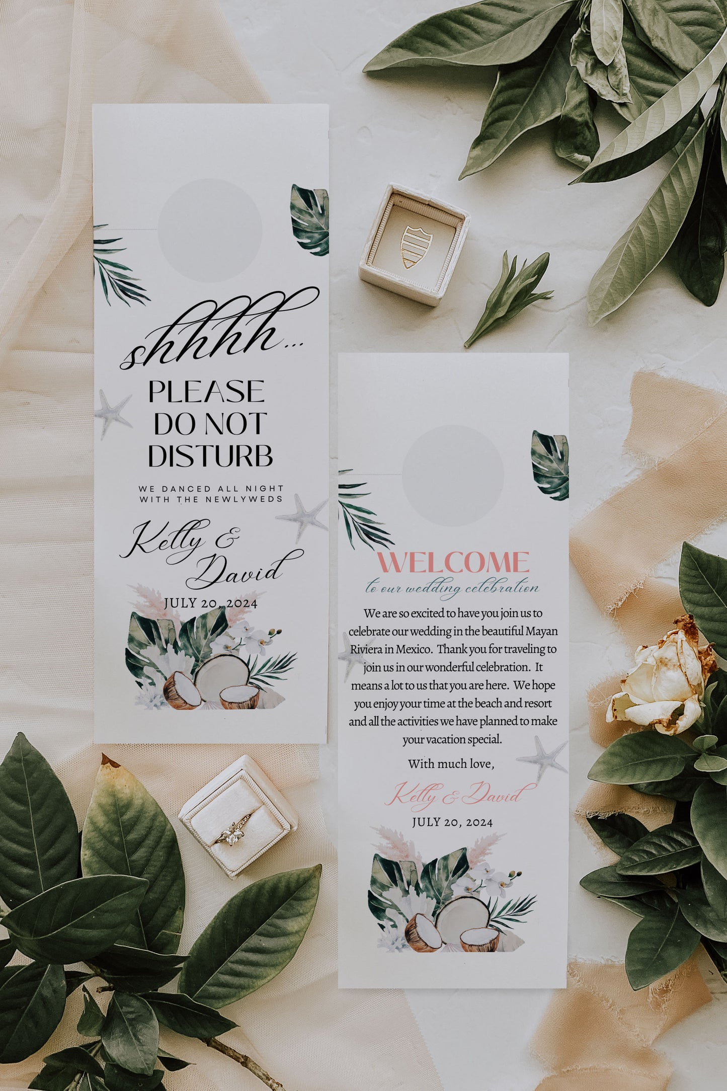 Beach Tropical Sea Shells Coral Coconut Watercolour Destination Wedding Door Hanger Sign 3.5x8.5" Instant Download - "WHITE CORAL"