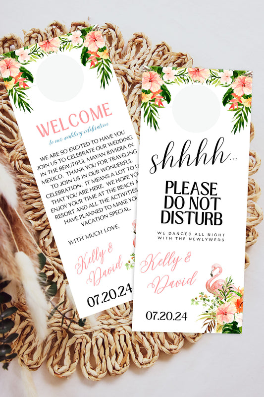 Beach Tropical Flamingo Hibiscus Frangipani Watercolour Destination Wedding Door Hanger Sign 3.5x8.5" Instant Download - "Tropical Flamingo"