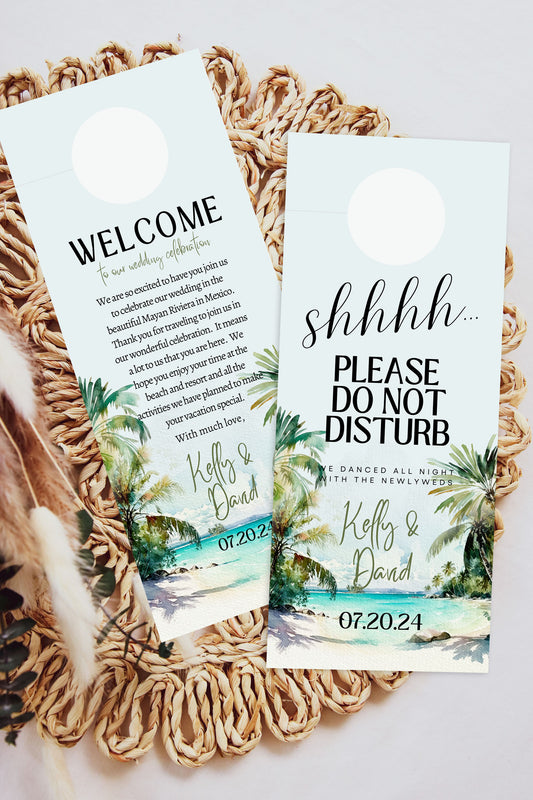 Beach Tropical Palm Trees Watercolour Destination Wedding Door Hanger Sign 3.5x8.5" Instant Download - "PALM TREES"