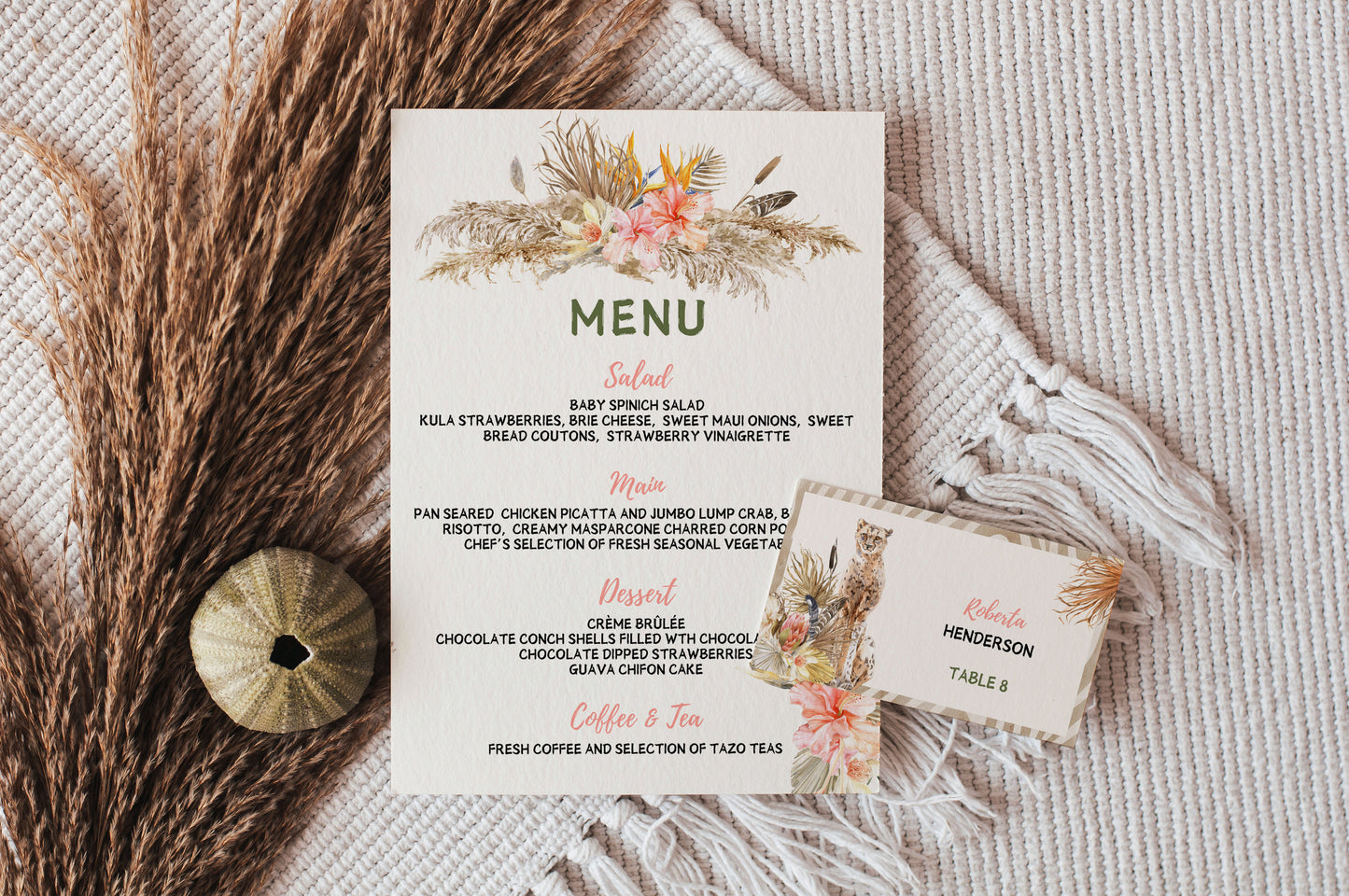 African Safari Savanna Wild Animal Tropical Palm Tree Watercolour Destination Wedding Menu 4x9" Instant Download - "African Safari"