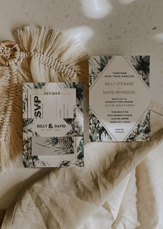 Beach Tropical Mulatto Pineapple Watercolour Destination Wedding Invitation and RSVP Suite Instant Download - "MULATTO"
