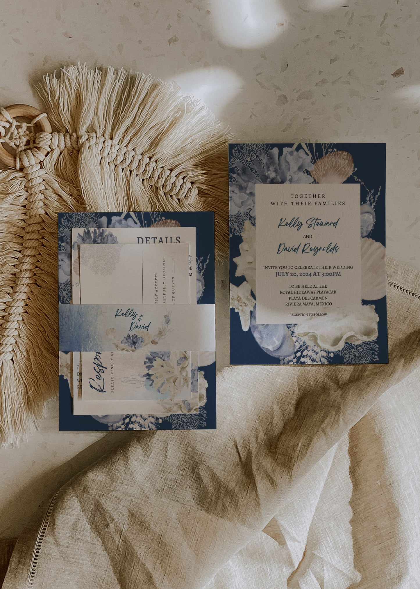 Beach Tropical Sea Shells Coral Watercolour Destination Wedding Invitation and RSVP Suite Instant Download - "WHITE SHORES"