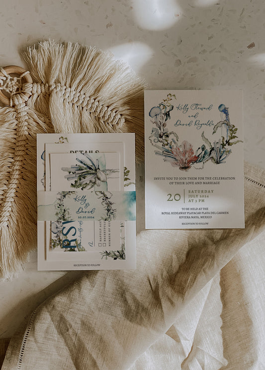 Beach Tropical Sea Shells Coral Underwater Watercolour Destination Wedding Invitation and RSVP Suite Instant Download - "Under the Sea"