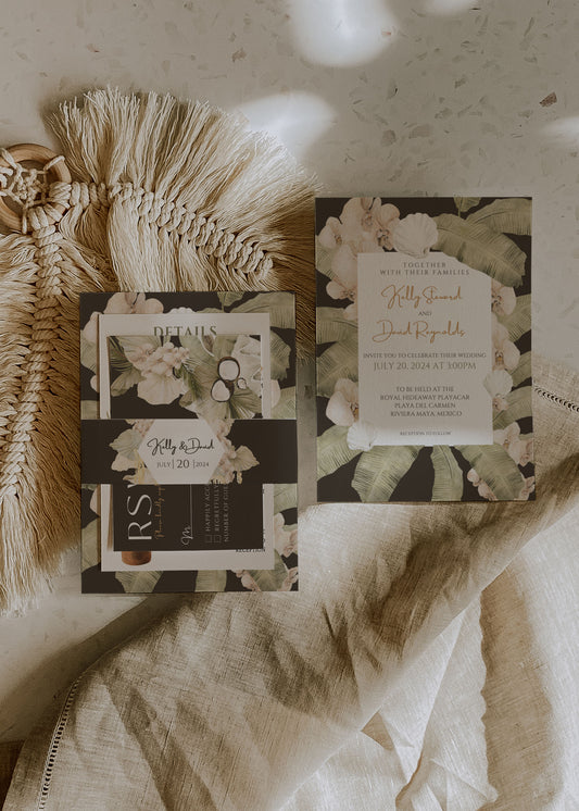 Beach Tropical Boho Leaves Coconut Orchid Watercolour Destination Wedding Invitation and RSVP Suite Instant Download - "Beachy Boho"