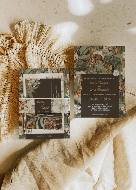 Safari Wedding Invitation, Jungle Wedding Invitation, Tropical Wedding Invitation, RSVP, Leopard, Giraffe, Toucan, Hoopoe, Watercolour Destination Wedding Invitation and RSVP Suite, Instant Download - "Safari Jungle"