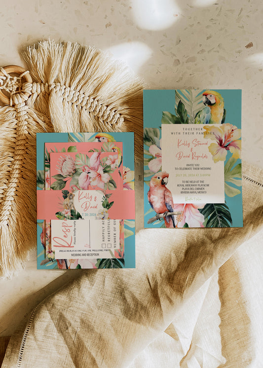 Beach Tropical Hibiscus Sloth Parrot Watercolour Destination Wedding Invitation and RSVP Suite Instant Download - "PARAISO"
