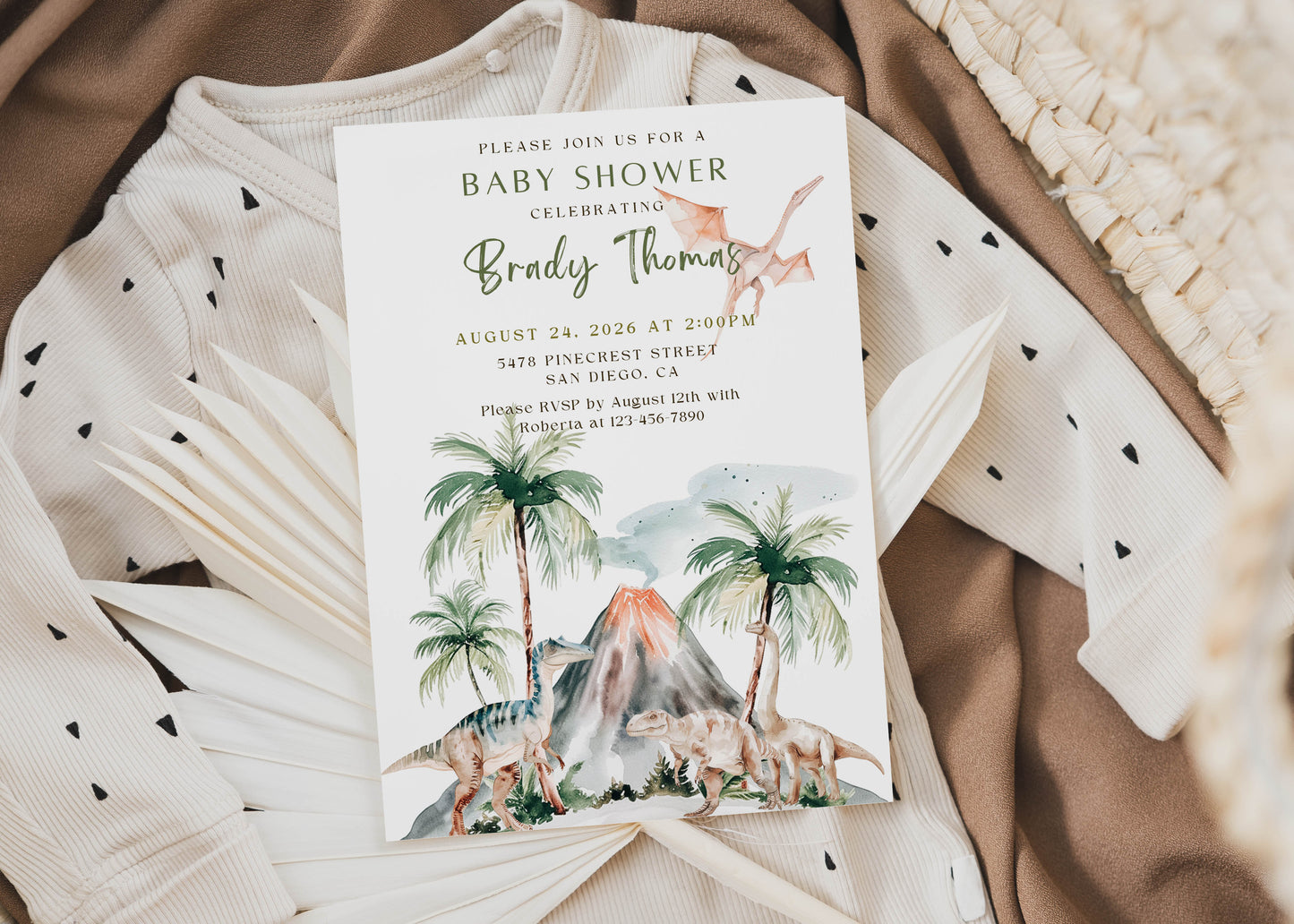 Tropical Dinosaur with Volcano & Palm Tree Baby Shower Invitation or Birthday Party Invitation