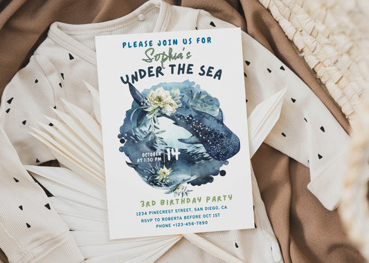 Oceania Under the Sea Whale Shark & Dolphin Baby Shower Invitation or Birthday Invitation