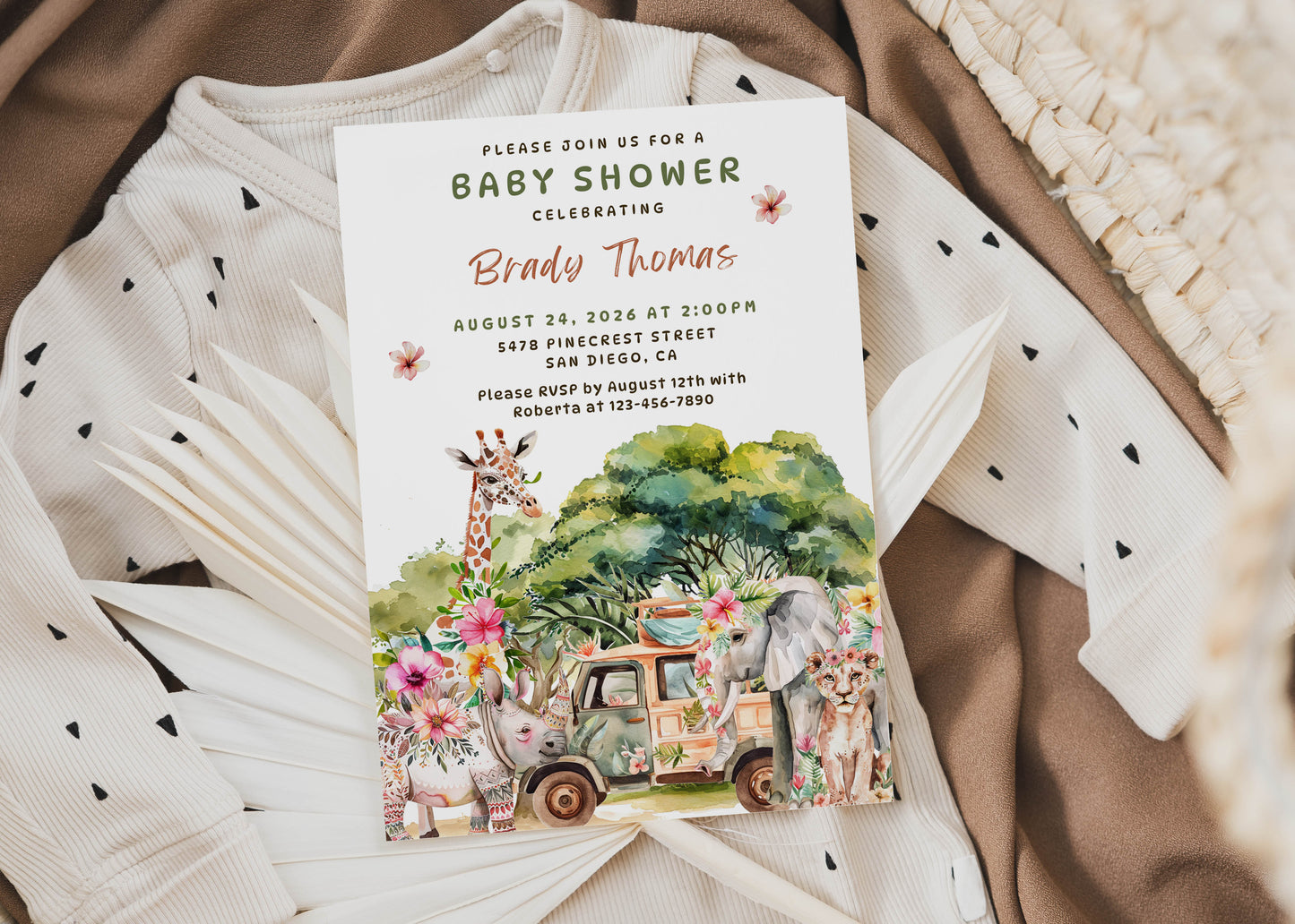 Tropical Jungle Safari Baby Shower Invitation or Birthday Party Invitation