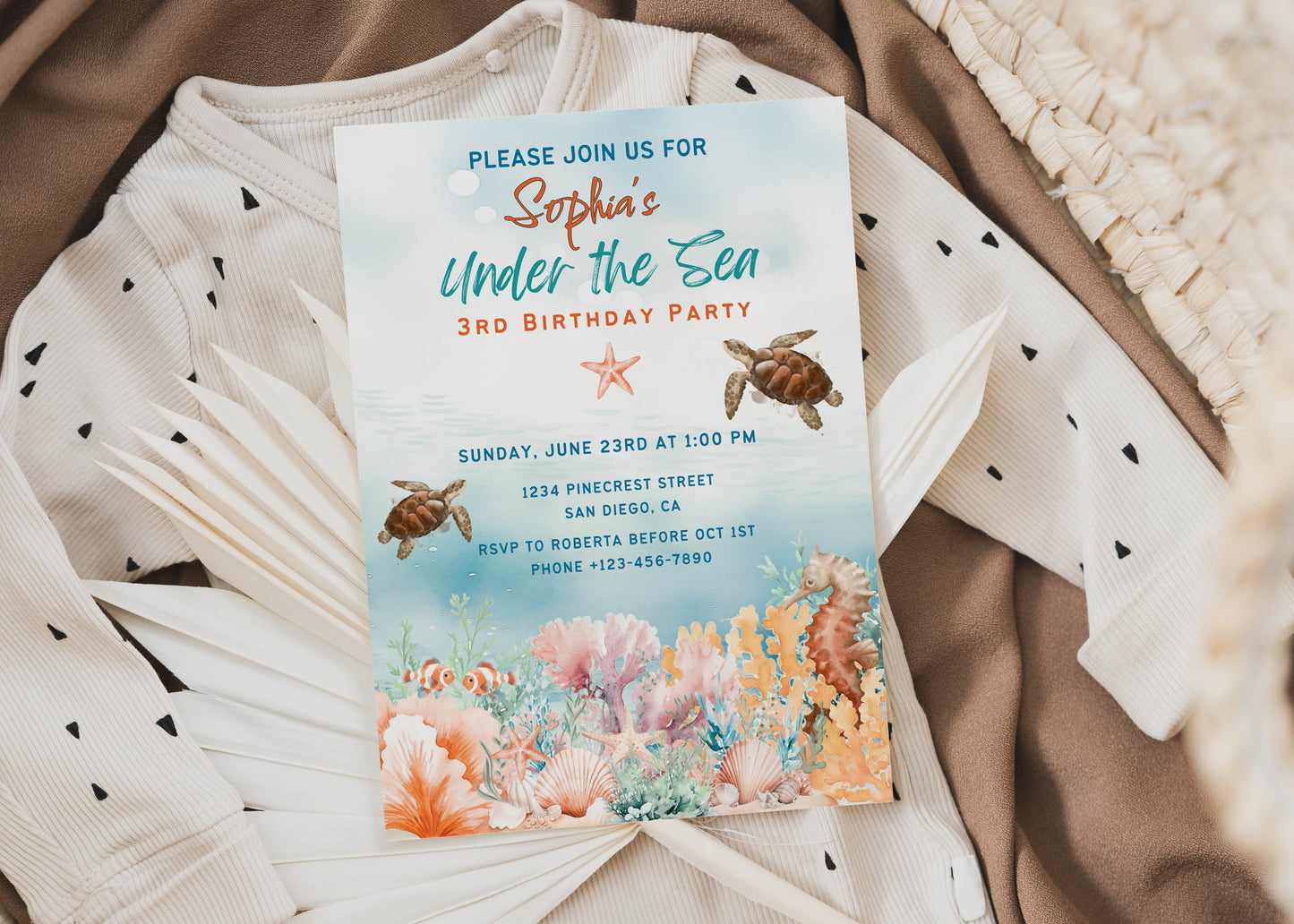 Under the Sea Coral & Turtle Baby Shower Invitation or Birthday Invitation