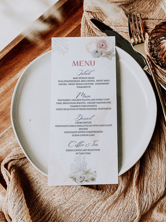 Beach Tropical Sea Shells Coral Watercolour Destination Wedding Menu 4x9" Instant Download - "WHITE SHORES"