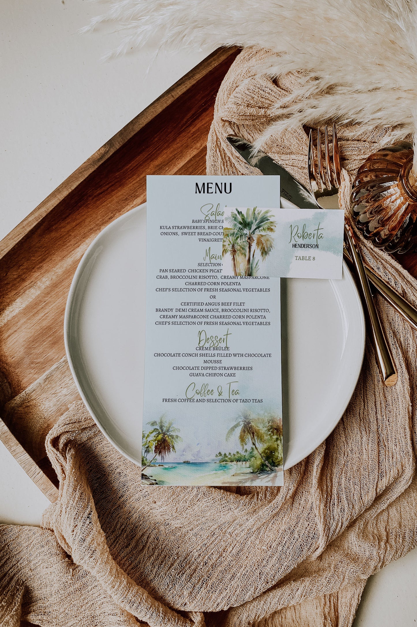 Beach Tropical Palm Trees Watercolour Destination Wedding Menu 5x7" Instant Download - "PALM TREES"