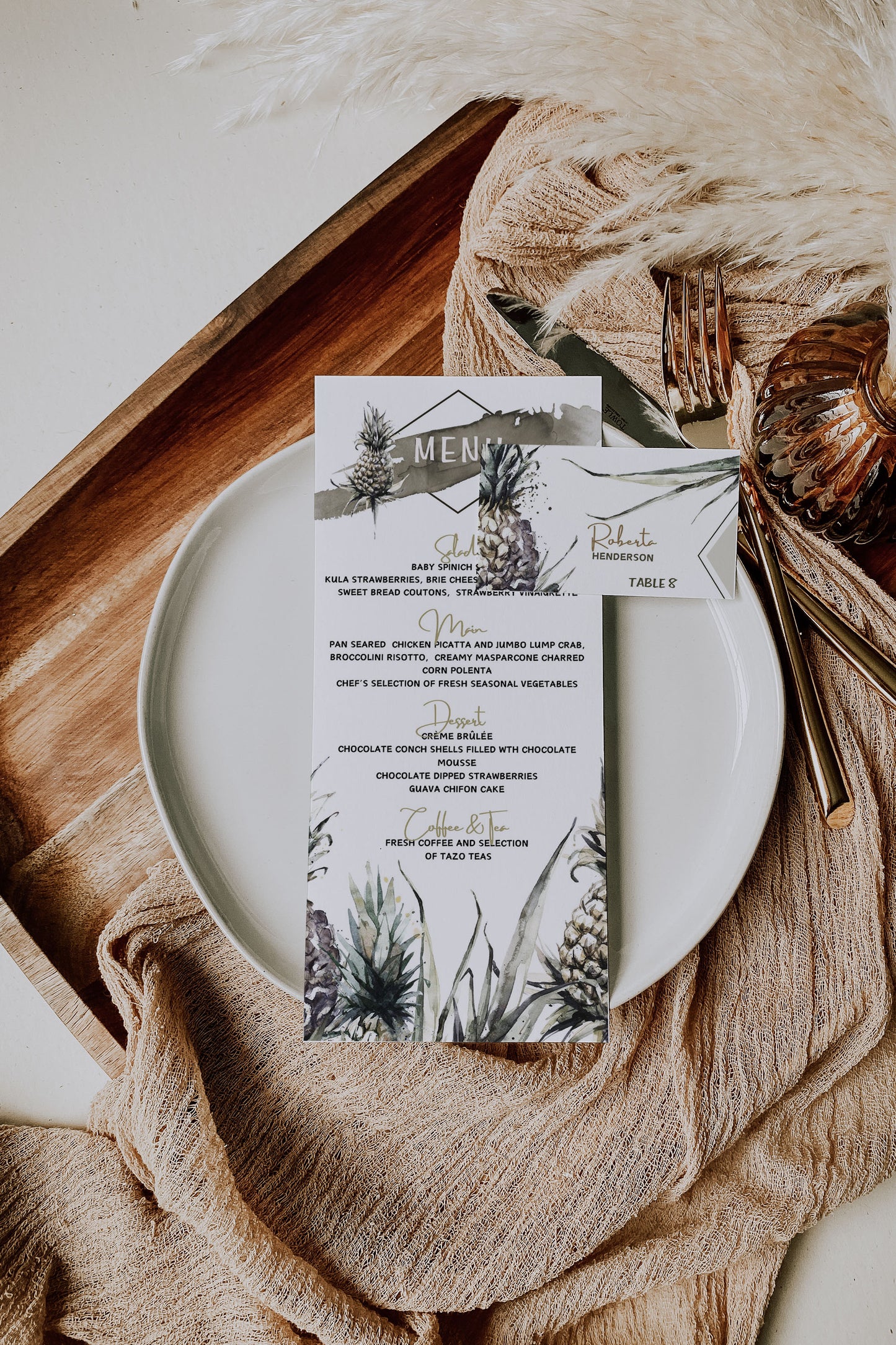 Beach Tropical Mulatto Pineapple Watercolour Destination Wedding Menu 5x7" Instant Download - "MULATTO"