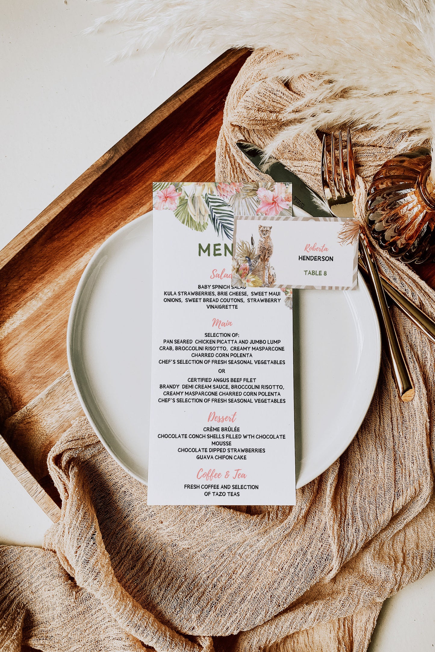 African Safari Savanna Wild Animal Tropical Palm Tree Watercolour Destination Wedding Menu 4x9" Instant Download - "African Safari"