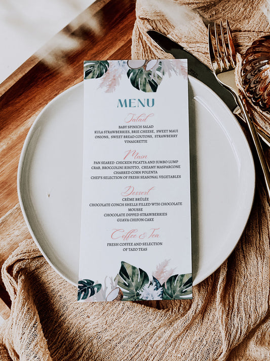 Beach Tropical Sea Shells Coral Coconut Watercolour Destination Wedding Menu 4x9" Instant Download - "WHITE CORAL"