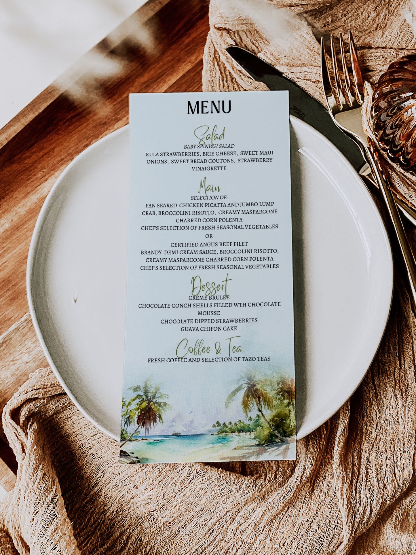 Beach Tropical Palm Trees Watercolour Destination Wedding Menu 5x7" Instant Download - "PALM TREES"