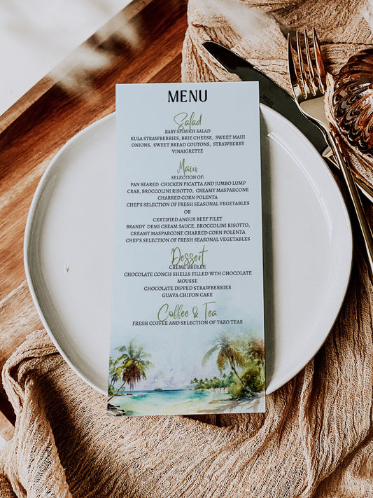 Beach Tropical Palm Trees Watercolour Destination Wedding Menu 4x9" Instant Download - "PALM TREES"
