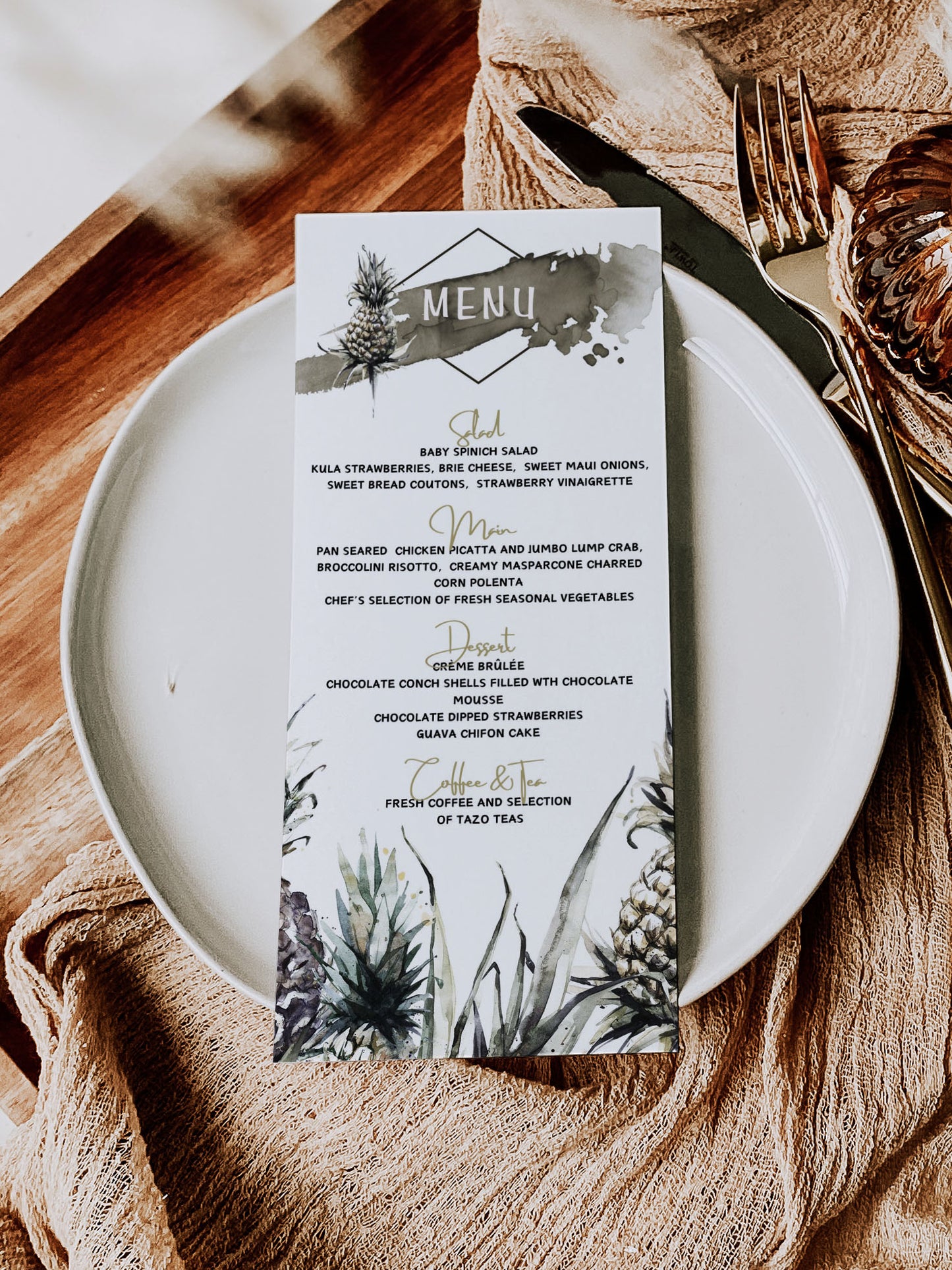Beach Tropical Mulatto Pineapple Watercolour Destination Wedding Menu 5x7" Instant Download - "MULATTO"