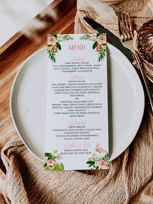 Beach Tropical Flamingo Hibiscus Frangipani Watercolour Destination Wedding Menu 4x9" Instant Download - "Tropical Flamingo"