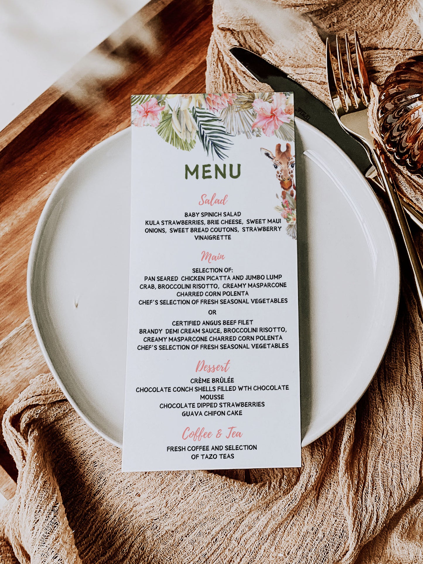 African Safari Savanna Wild Animal Tropical Palm Tree Watercolour Destination Wedding Menu 4x9" Instant Download - "African Safari"