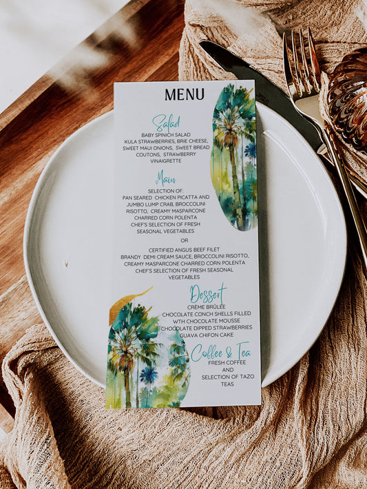 Beach Tropical Palm Tree Jungle Watercolour Destination Wedding Menu 4x9" Instant Download - "Tropical Palm"