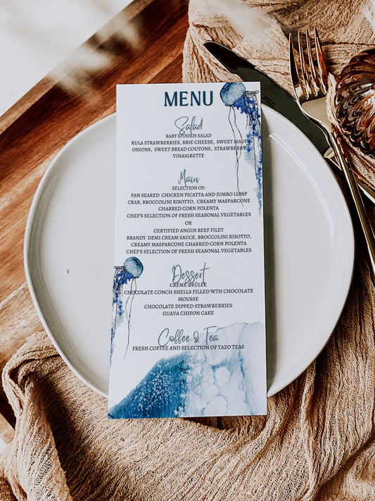Beach Tropical Sea Shells Coral Underwater Watercolour Destination Wedding Menu 4x9" Instant Download - Under the Sea"