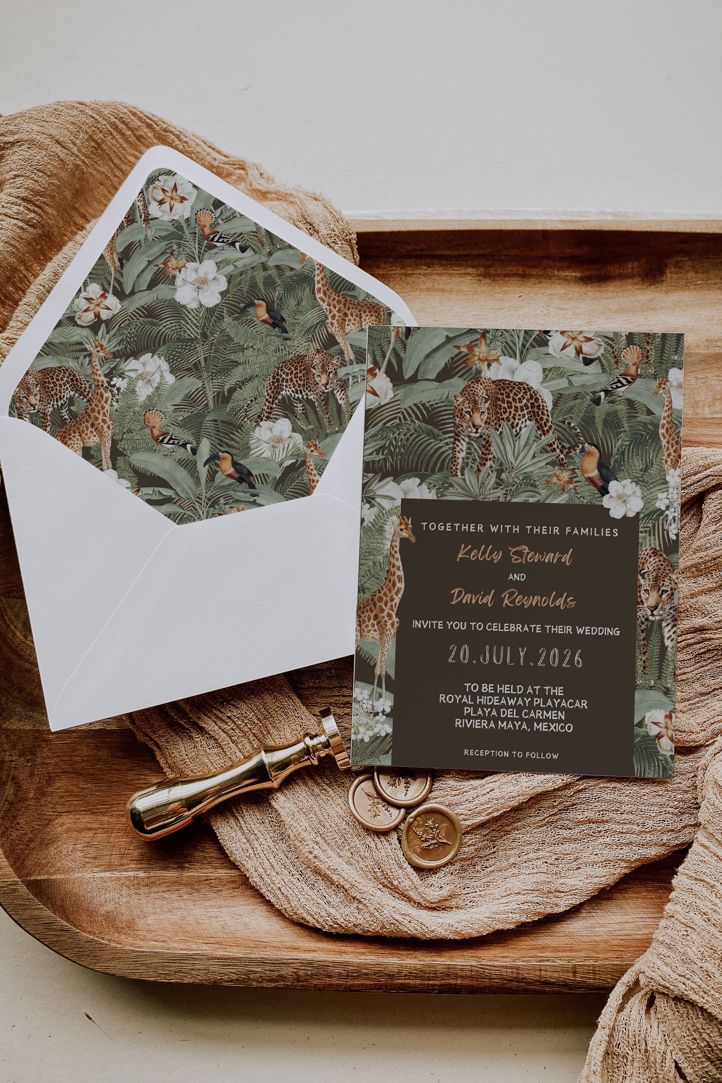 Safari Wedding Invitation, Jungle Wedding Invitation, Tropical Wedding Invitation, RSVP, Leopard, Giraffe, Toucan, Hoopoe, Watercolour Destination Wedding Invitation and RSVP Suite, Instant Download - "Safari Jungle"