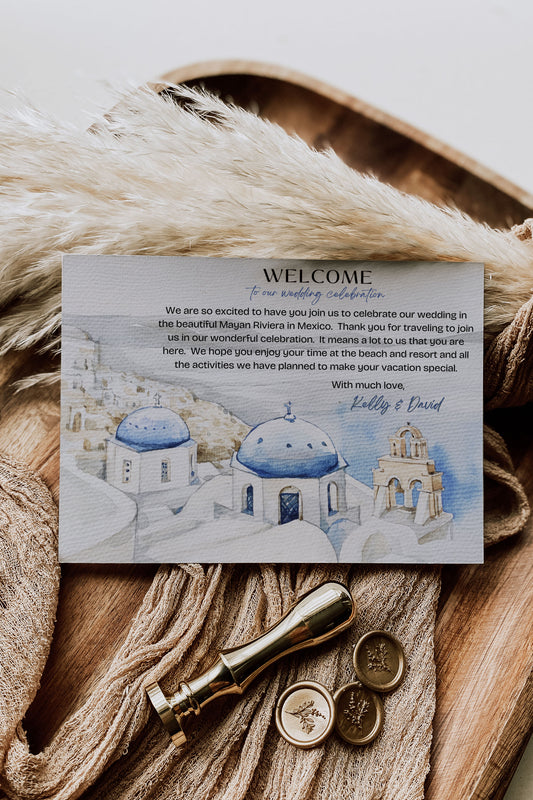 Mediterranean Greece Italy Portugal Watercolour Destination Wedding Welcome Insert 4.25x5.5" Instant Download - "Santorini"