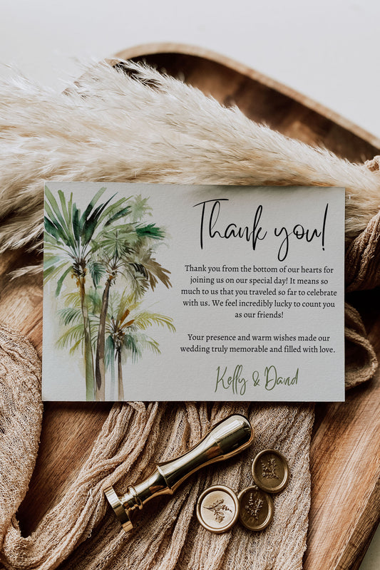 Beach Tropical Palm Trees Watercolour Destination Wedding Thank You Card 5.5x4.25" Instant Download - "PALM TREES"