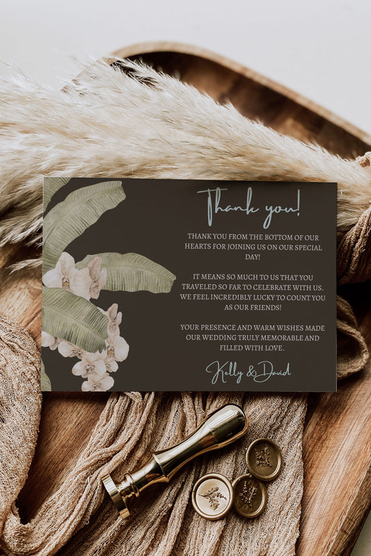 Beach Tropical Boho Leaves Coconut Orchid Watercolour Destination Wedding Thank You Card 5.5x4.25" Instant Download - "BEACHY BOHO"