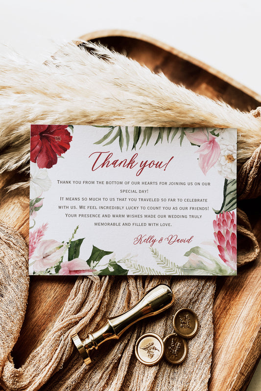 Beach Tropical Hibiscus Monstera Orchid Cockatoo Watercolour Destination Wedding Thank You Card 5.5x4.25" Instant Download - "Hibiscus"
