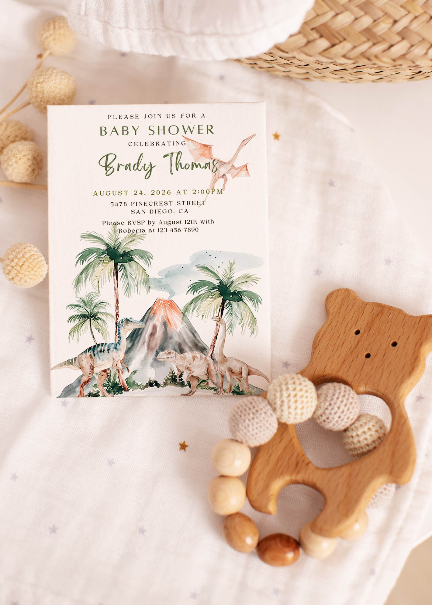 Tropical Dinosaur with Volcano & Palm Tree Baby Shower Invitation or Birthday Party Invitation