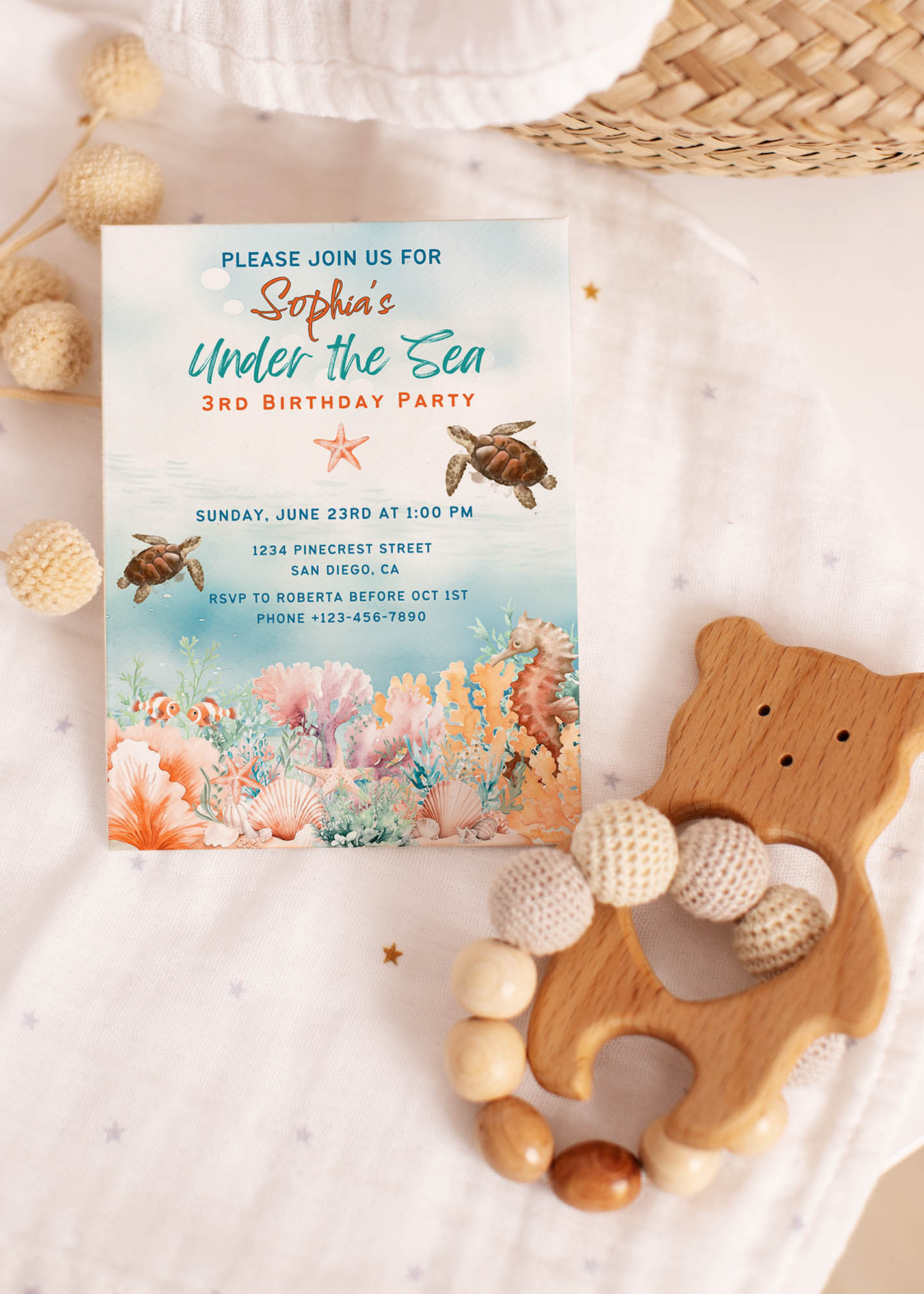Under the Sea Coral & Turtle Baby Shower Invitation or Birthday Invitation