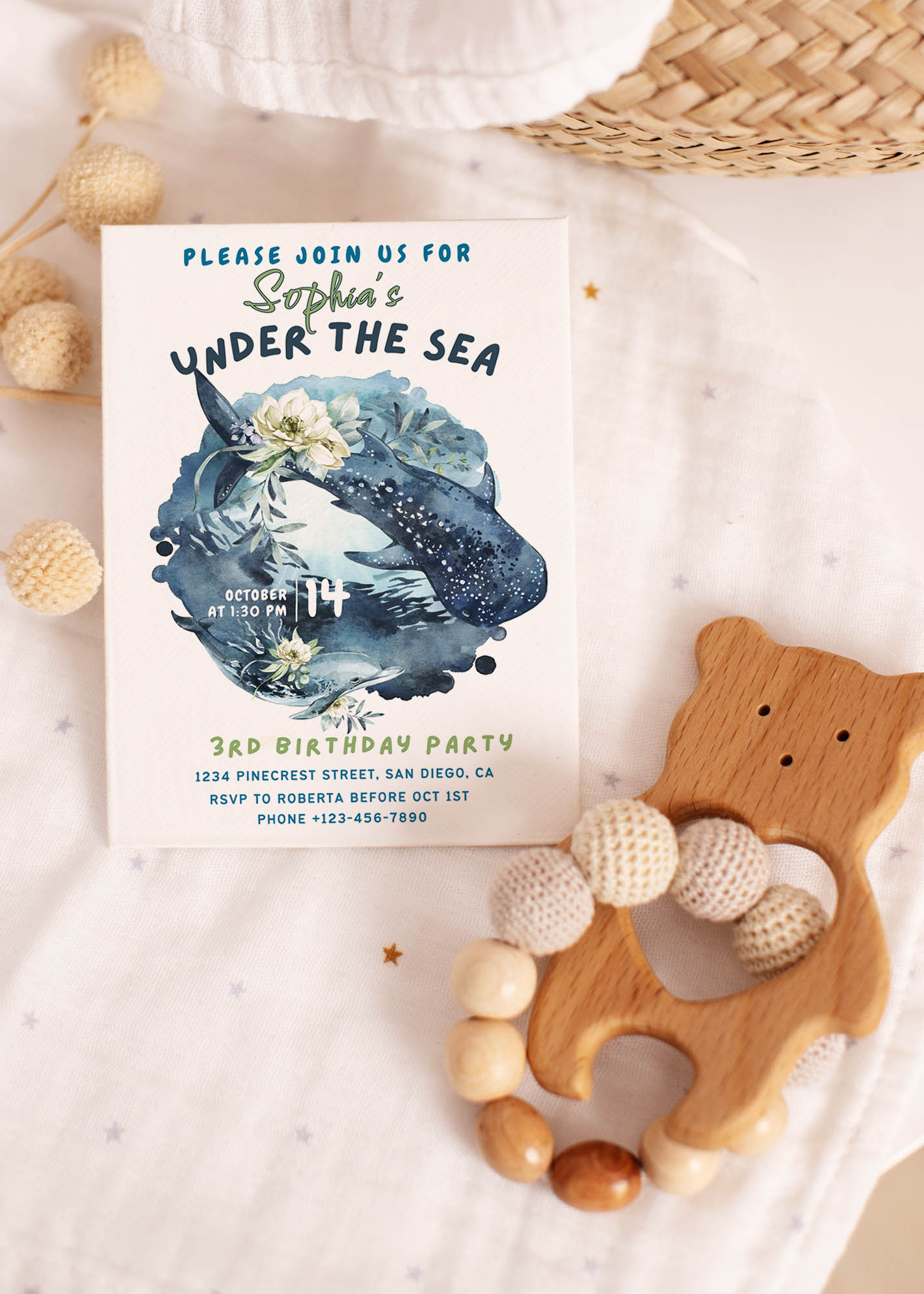 Oceania Under the Sea Whale Shark & Dolphin Baby Shower Invitation or Birthday Invitation