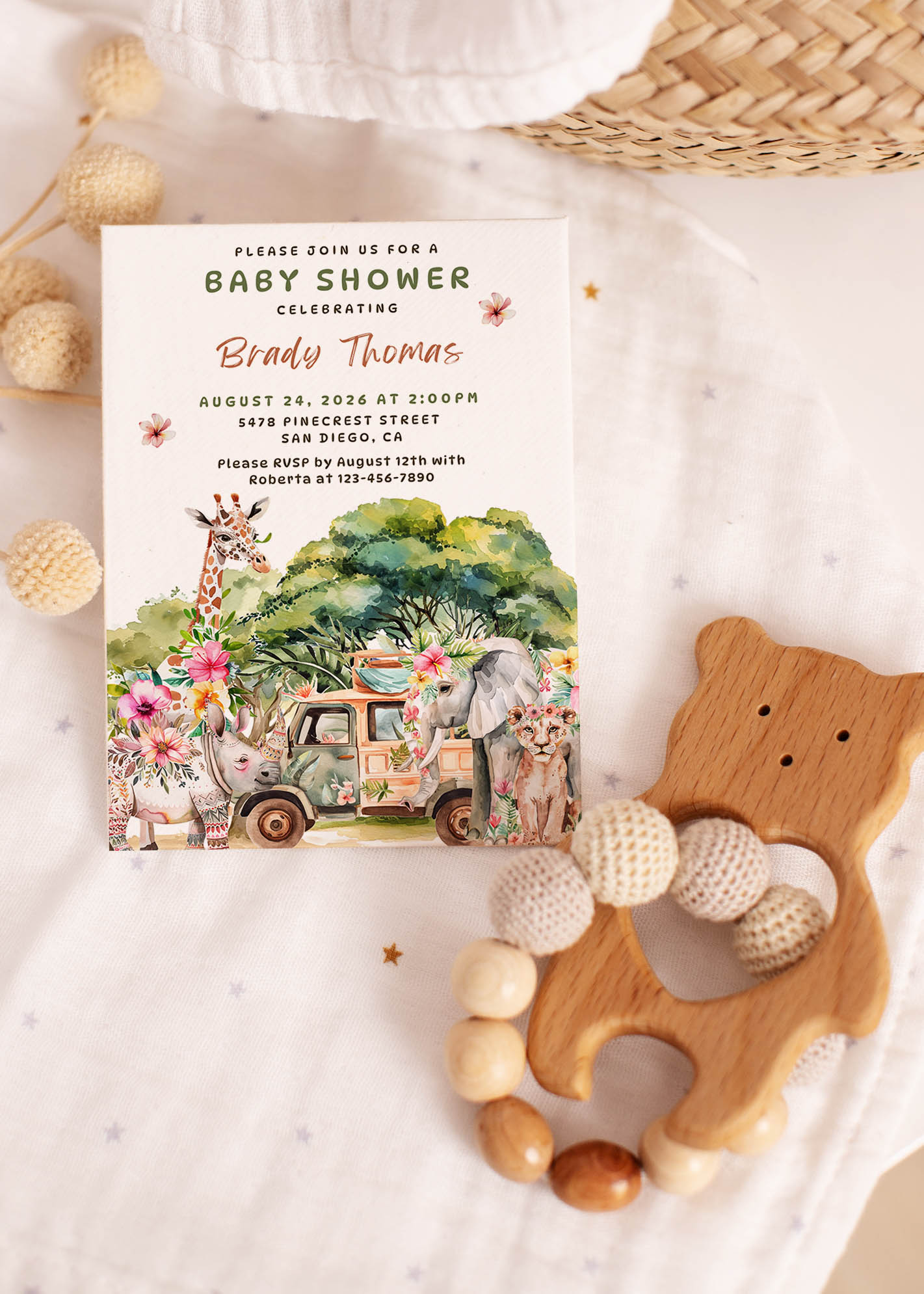 Tropical Jungle Safari Baby Shower Invitation or Birthday Party Invitation