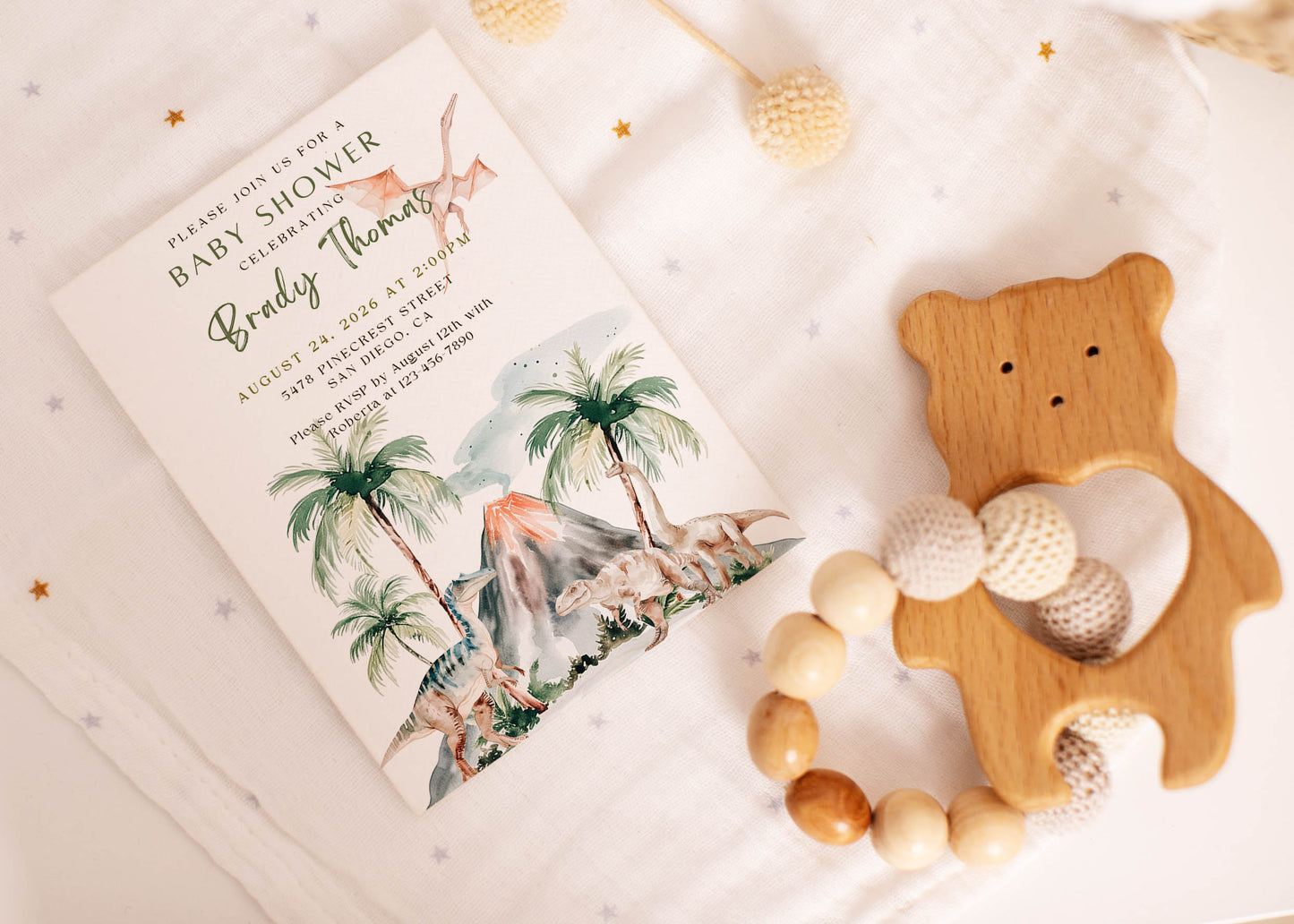 Tropical Dinosaur with Volcano & Palm Tree Baby Shower Invitation or Birthday Party Invitation