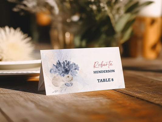 Beach Tropical Sea Shells Coral Watercolour Destination Wedding Placecard Instant Download - "WHITE SHORES"