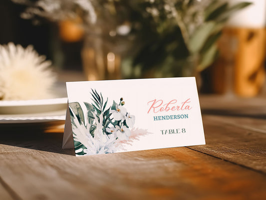 Beach Tropical Sea Shells Coral Coconut Watercolour Destination Wedding Placecard Instant Download - "WHITE CORAL"