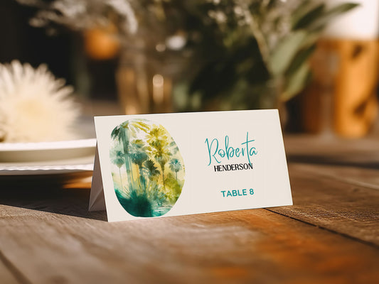 Beach Tropical Palm Tree Jungle Watercolour Destination Wedding Placecard Instant Download - "Tropical Palm"