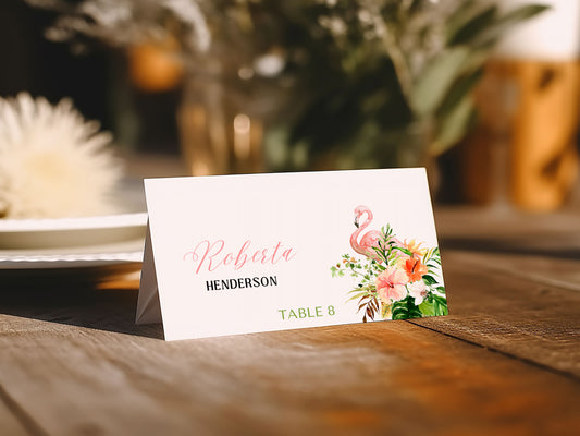 Beach Tropical Flamingo Hibiscus Frangipani Watercolour Destination Wedding Placecard Instant Download - "Tropical Flamingo"