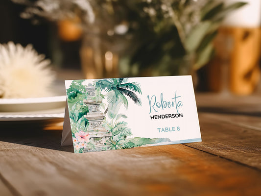 Bali Beach Tropical Palm Tree Jungle Temples Buddha Watercolour Destination Wedding Placecard Instant Download - "Bali"