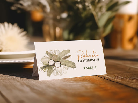 Beach Tropical Boho Leaves Coconut Orchid Watercolour Destination Wedding Placecard Instant Download - "Beachy Boho"