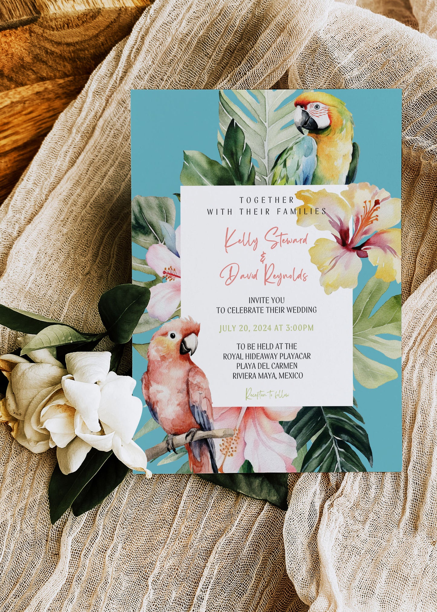 Beach Tropical Hibiscus Sloth Parrot Watercolour Destination Wedding Invitation and RSVP Suite Instant Download - "PARAISO"