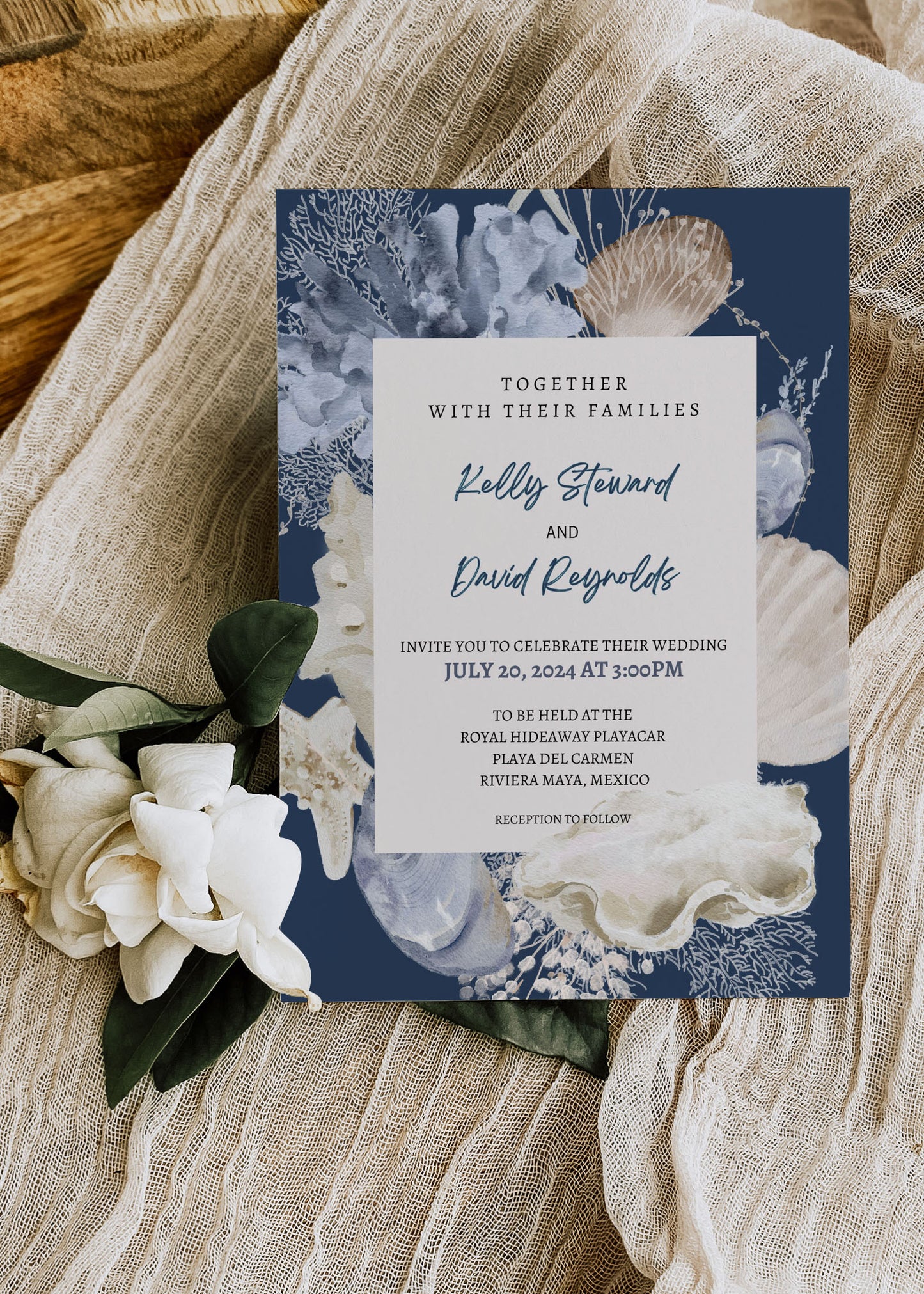 Beach Tropical Sea Shells Coral Watercolour Destination Wedding Invitation and RSVP Suite Instant Download - "WHITE SHORES"