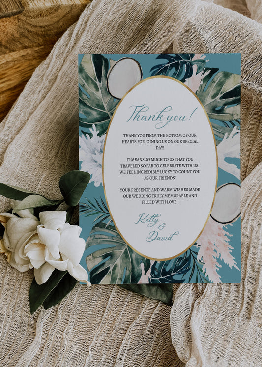 Beach Tropical Sea Shells Coral Coconut Watercolour Destination Wedding Thank You Card 5.5x4.25" Instant Download - "WHITE CORAL"