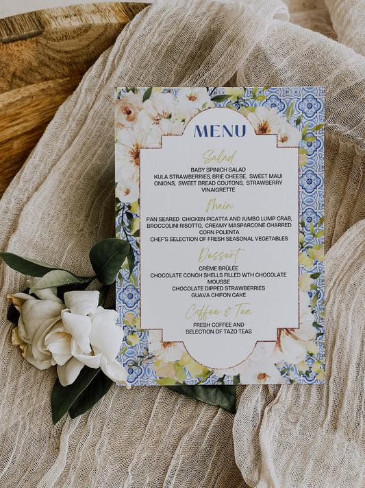 Mediterranean Greece Italy Portugal Watercolour Destination Wedding Menu 5x7" Instant Download - "Santorini"