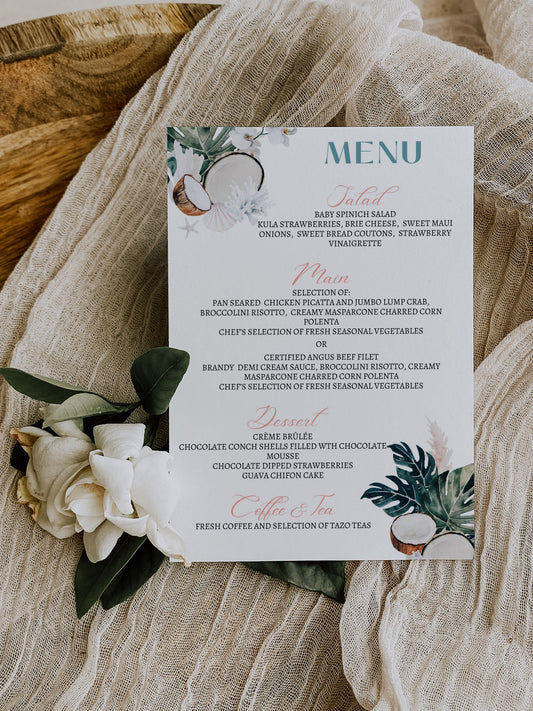 Beach Tropical Sea Shells Coral Coconut Watercolour Destination Wedding Menu 5x7" Instant Download - "WHITE CORAL"