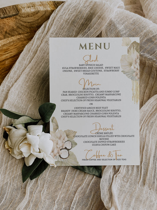 Beach Tropical Boho Leaves Coconut Orchid Watercolour Destination Wedding Menu 5x7" Instant Download - "Beachy Boho"