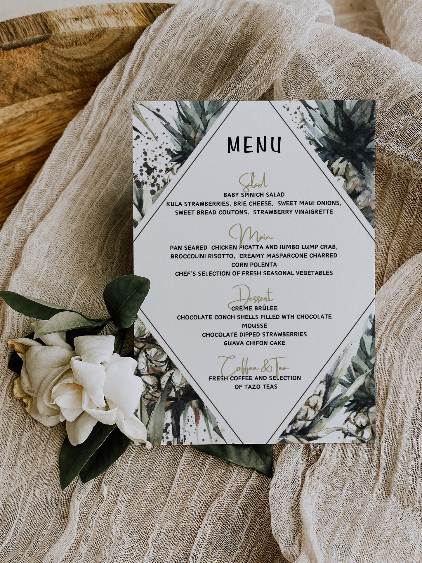 Beach Tropical Mulatto Pineapple Watercolour Destination Wedding Menu 5x7" Instant Download - "MULATTO"