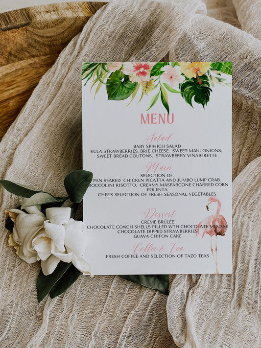 Beach Tropical Flamingo Hibiscus Frangipani Watercolour Destination Wedding Menu 5x7" Instant Download - "Tropical Flamingo"